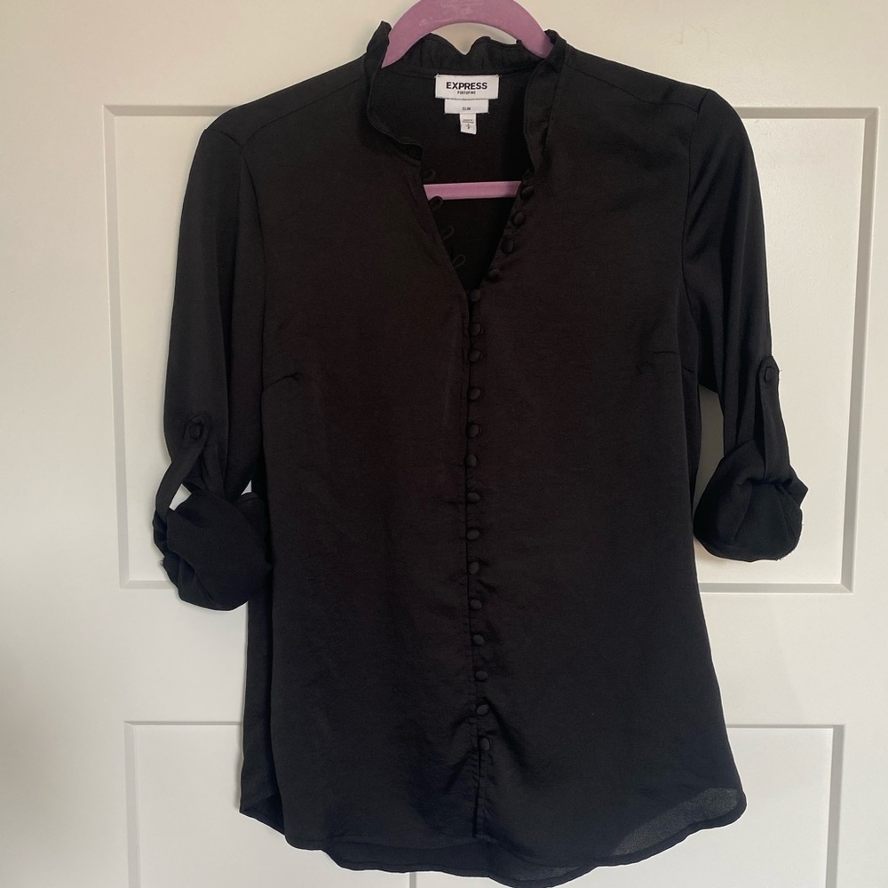 Express black satin long-sleeve women’s work top, Express Portofino, Slim small